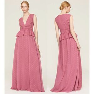 LDT Anthropologie Pink Metallic Peplum Waist V Neck Maxi‎ Gown Dress Sz 4 Small